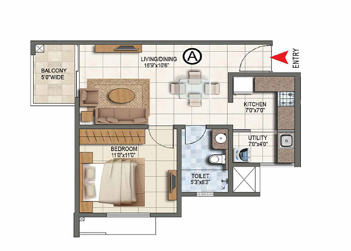 Prestige Palm Court 1 BHK Floor Plan