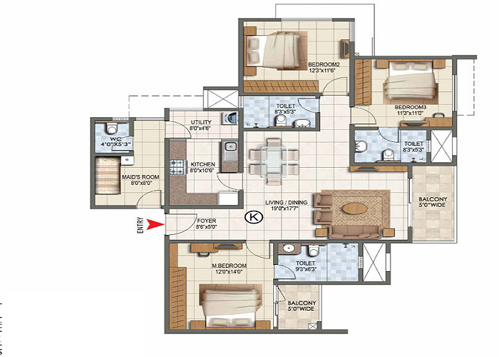 Prestige Palm Court 3 BHK Floor Plan