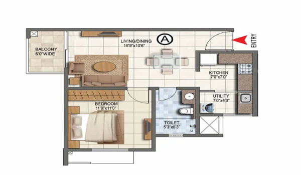 Featured Image of Prestige Palm Court 1 BHK Apartment Floor Plan